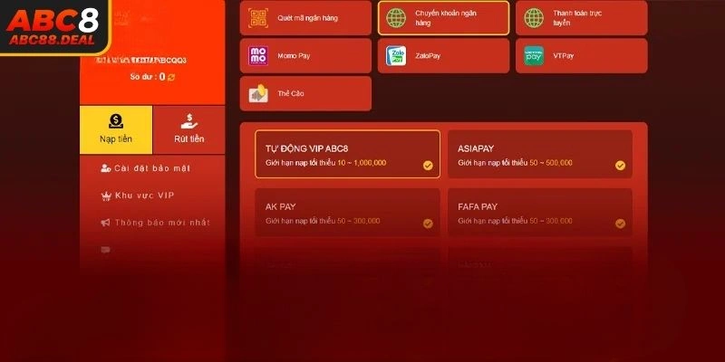 3 cách nạp tiền ABC8 quen thuộc